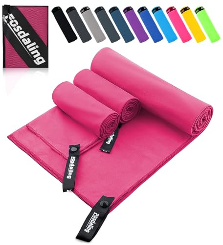 Fosdaling Mikrofaser Handtuch 3er Set - Groß 200×100cm & 2 Klein 80×40cm, Schnelltrocknend Microfaser Sporthandtuch, für Reisehandtuch, Badetuch, Fitness & Sport Handtücher und Strandtuch (Rosa)