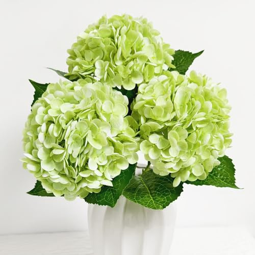 Real Touch - Fiori artificiali di ortensia verde con steli, fiori finti in seta per esterni, 3 fiori artificiali per la decorazione della casa, bouquet di nozze, centrotavola, vaso