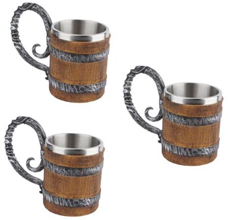 Alipis 3 Pièces Chope De Bière Tonneau En Bois Mug Corne à Boire Tasse Thermique Bouteille D'eau Cruches Réutilisable Hydraulique Expresso Fabricant Chope à Biere Brown Acier Inoxydable