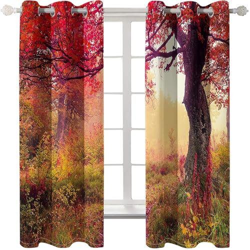 Homxi 2er Set Vorhang Kinderzimmer Lichtdicht,2 x 102W x 183H cm,Vorhänge Set mit Ösen Bäume Landschaft Vorhang für Küchen Fuchsiagrün