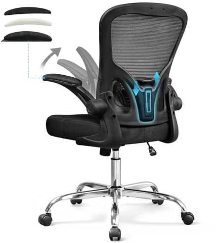DEVAISE Silla de Oficina Ergonómica con Soporte Lumbar Segmentado, Reposacabezas 3D Ajustable, Reposabrazos Abatibles a 90° y Respaldo de Malla Transpirable – para Oficina o Teletrabajo – Negro
