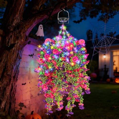 Artificial Flowers with Hanging Basket Lights: 10 Inch Large Halloween Silk Fake Flower Hanging Basket with RGB Lights and 7PCS UV-Resistant Flowers for DIY Outdoor Garden Yard Patio Home Decor