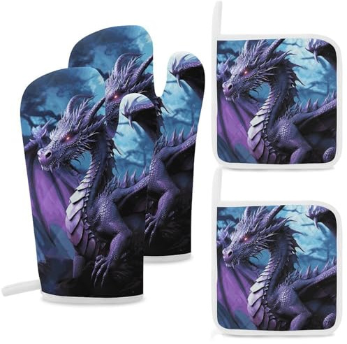 Purple Dragon Purple Moon Oven Mitts and Pot Holders 4 Sets High Heat 500°F Potholder Set Non-Slip Oven Mitts Kitchen Essentials for Cooking Baking BBQ