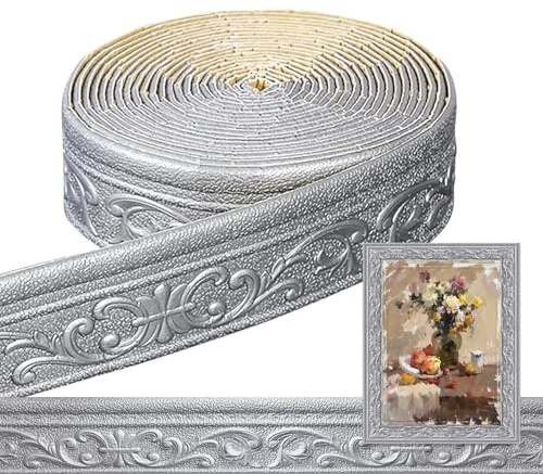 Bordüre Selbstklebend - 8cm(B)*5mm(D)*10m(L) - 3D Zierleisten Selbstklebende, Stuckleisten Wand, Wasserdicht Wandbordüre, Leisten Selbstklebend für Ecken Linien Decken Dekoration, Silbergrau