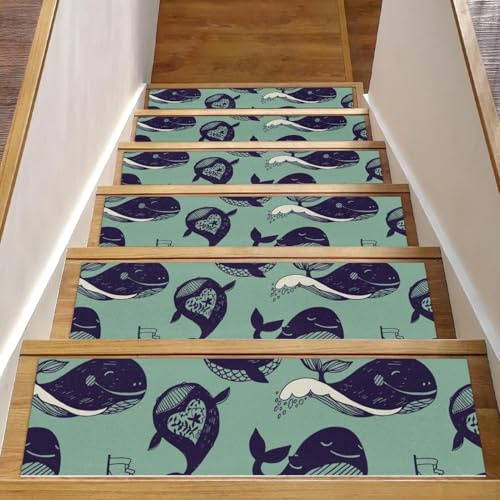 RODAILYCAY Alfombra antideslizante para peldaños de escalera de 76 x 20 cm, diseño de ballenas marinas, para peldaños de madera en interiores, para niños, ancianos y perros, 15 unidades