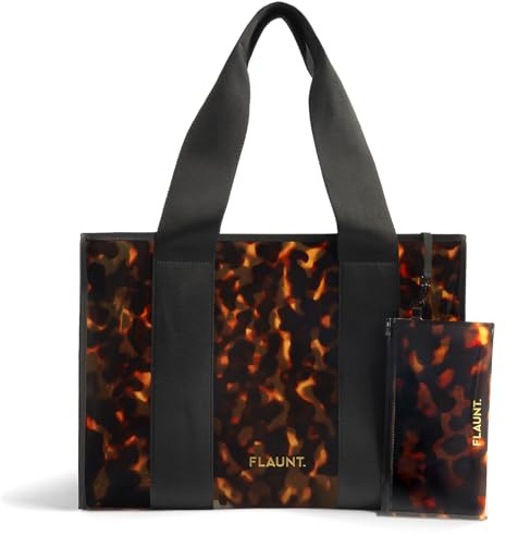 FLAUNT Everyday Tote Bag with Phone Pouch for Women - Lightweight, Airline Approved, Easy To Carry, Foldable & Washable - Large Tote Bag for Errands, Workouts, Work and More - Tortoise Shell