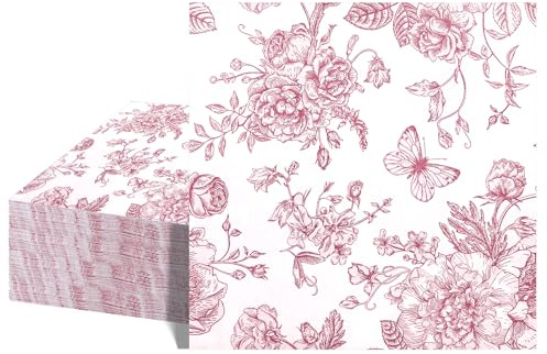 40 tovaglioli usa e getta con fiori rosa e bianchi, rosa e bianchi, tovaglioli vintage per feste, design vintage con fiori e farfalle (2 strati