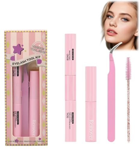 4PCS Eyelash Bond Kit,Lash Extension Glue & Waterproof Bond Lash Kit with Cluster Lash Remover,Strong Eyelash Glue for Long-Lasting Lashes,Includes Lash Tweezers and Eye Safe Tools