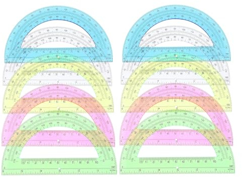 DIKACA 12 Pezzi Goniometro in Plastica da 180 Gradi Trasparente Colorato, Righello da Disegno Doppia Scala Cm/pollici, Strumento Matematico per Studenti Scuola e Ufficio