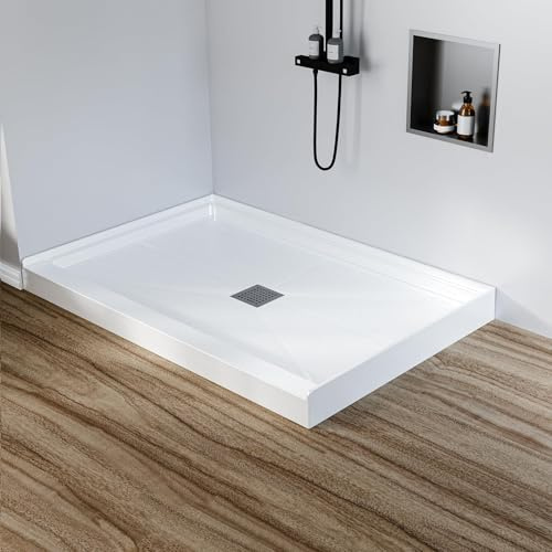 48 x 32 Shower Base, SMC Shower Pan with Non-Slip Surface, Center Drain, 304 Stainless Steel Cover, White Shower Tray Kit for Bathroom Floor