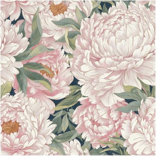 YöL Vinyl Blousy Blooms Pink Textured Wallpaper Large Floral Peony Design Blush Pink Navy Botanical Feature Wall Bedroom Living Room Hallway Paste The Wall Scrubbable Strippable
