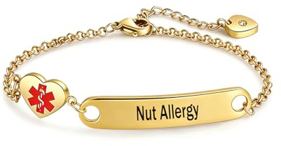 LSxAB Gold Heart Medical Alert ID Bracelet for Women Emergency First Aid Health Alert Stainless Steel Adjustable Chain Bracelets