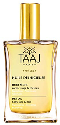 TAAJ | Huile Délicieuse | Huile sèche de Beauté | Corps, Visage & Cheveux | Nourrit, Protège & Revitalise la peau | Peau Satinée |Cheveux Réparés |96% d’ingrédients d’origine naturelle |Vegan | 100 ml