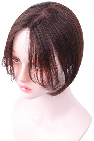 LXUE Mono-Echthaar-Clip-in-Perücke-Topper, unsichtbare Krone, gewelltem Pony, für Frauen, 17,8 cm, Dunkelbraun
