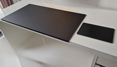 Gewinkelte Schreibtischunterlage mit Kantenschutz + Mousepad Echt Leder Schwarz mit grauer Naht 90 x 47cm Echt Nappaleder glatt