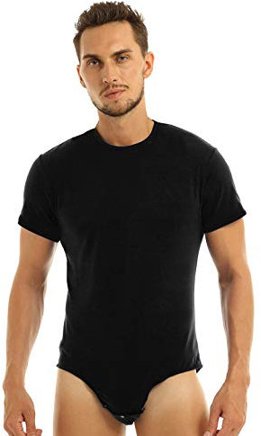 iEFiEL Herren Overall Kurzarm Bodysuit mit Druckknöpfe im Schritt Baumwolle Männer Sportbody Rundhals Tops T-Shirt M-XXL Schwarz XXL