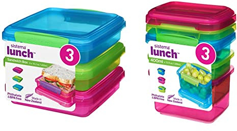 Sistema Lunch Sandwich Boxes | 450 ml Food Storage Containers | 3 Count & Lunch Food Storage Containers | 400 ml | Small Snack Pots | BPA-Free Plastic | Assorted Colours | 3 Count