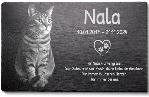 Grabstein für Hunde & Katzen – personalisierter Schiefer-Tiergrabstein mit Bild & eigenem Text – wetterfeste Gedenktafel für Haustiere – Erinnerung an Hund oder Katze – Tiergrab Deko - 30x20 cm