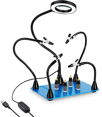 Toolour Magnetische helfende Hand mit Licht, Lötwerkzeug dritte Hand mit 3X-LED Lupe(Keine Adapter), Löten Halterung mit 4 PCB-Säulen, 4 flexible Arme Lötstation,Ideal zum Löten