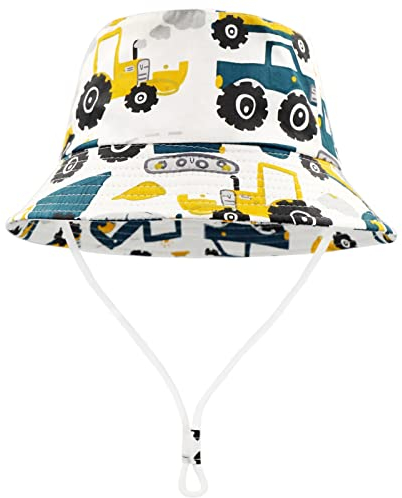 FenFang Sonnenhut Baby Kinder, Baufahrzeuge Fischerhut Kind Jungen Mädchen, Sonnenmütze mit Kinnriemen, Eimerhut Strandhut Kappe Mütze Frühling Sommer (4-8 Years, Weiß)