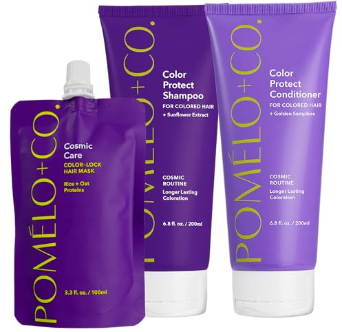 Pomélo+Co. Cosmic Essentials Set - Haarmaske Shampoo und Conditioner | Farb- und Hitzeschutz Paket mit Pflanzenproteinen - Panthenol und Bambusextrakt für gefärbtes coloriertes Haar
