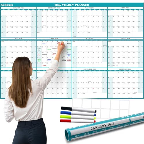 32 x 48 Exellewis 2026 Wall Calendar Erasable, Wet & Dry Erase Large Laminated Annual Yearly Planner - 12 Month Horizontal/Vertical Calendar January to December for Easy Planning, Organizing