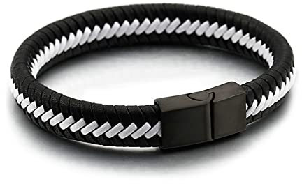 Ayoiow Männer Armband Indianer, Herren Armband Edelstahl Armbänder Herren Leder Schwarz Weiß Geflochten Armband