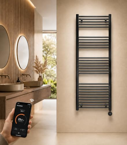anapont Radiador de baño eléctrico de 1600 h x 500 b, color negro, ana-line – recto, función temporizador, radiador de toallero, calentador eléctrico de baño – Fabricado en Alemania