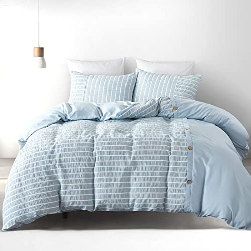 AYMAYA 3 Piece Luxury Microfiber Stripe Bedding Set,Textured Comforter Covers With Button Closure 2 Pillow Shams,Ultra Soft Seersucker Duvet Cover Sets-A Queen 229x229cm(90x90inch)