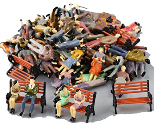 50 Pcs Seated Standing Pose People Figures, Small Painted Model People Passanger Figures, 1:50 Scale, With 6 Bench Train Railway Layout for Miniature Model Railway Trains Scenes