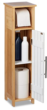 Relaxdays Portarrollos Baño de Pie con Puerta, Armario Pequeño, 71 x 18 x 20 cm, MDF y Bambú, 3 Baldas, Marrón y Blanco