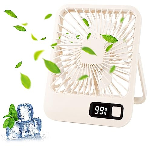 COKEEY USB Desk Fan,5 Speeds & 180° Portable Mini Table Fan with 2000mAh USB Rechargeable Battery,Desktop Fan with LED Display for Office, Library, Bedroom, Travel,White (Yellow)