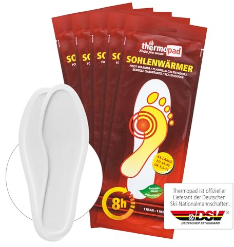 THERMOPAD Sohlenwärmer - DAS ORIGINAL: 5, 10 oder 30 Paar Wärmepads (erhältlich in 5 Größen) - Einlegesohle für 9 Stunden Wärme I Fußwärmer Pads I Extra warme Wärmesohle XXL für Schuhe & Skischuhe