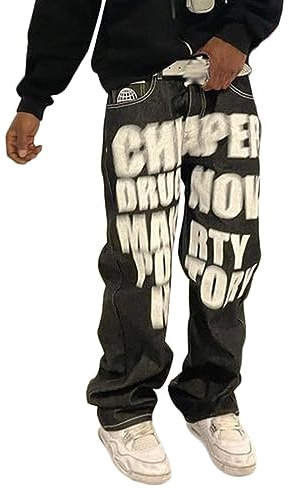 ORANDESIGNE Uomo Hip Hop Baggy Jeans Stampati Cargo Pantaloni Stile Hipster Denim Gamba Larga Allentata per Adolescenti Vintage Harajuku Dritti H Nero M