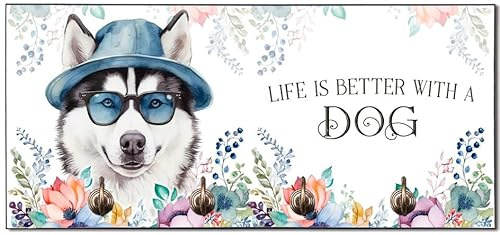 Cadouri Design-Hundegarderobe mit Husky - Leinenhalterung für Halsband, Leine & Geschirr - originelles Geschenk für Hundebesitzer - handgefertigt