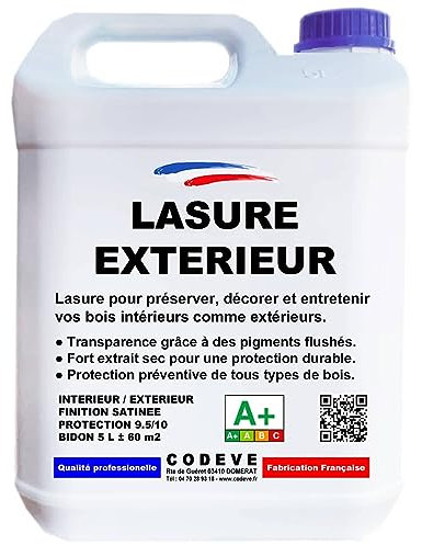 Lasure Bois Exterieur - Codeve Bois/Chêne - 5 L - Intérieur/extérieur - Pour Une Protection Efficace De Vos Bois En Climat Difficile.