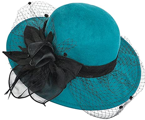 Damen Glockenhut Vintage Filzhut Elegant Wollmütze Kirchenhut mit Mesh Federn Retro-Blumen Jazz-Hut Glocke Eimer Hut Wolle Winterhut Wintermütze Filz Damenmütze Beiläufig Fischerhut für Herbst Winter