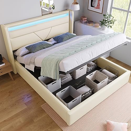 LED Bett, Doppelbett Polsterbett 140 x 200 cm, Hydraulisch Stauraumbett mit Großer Stauraum und Lattenrost, Funktionsbetten Rückenlehne Bettgestell mit Fernbedienung & Bettkasten, Weiß, Ohne Matratze