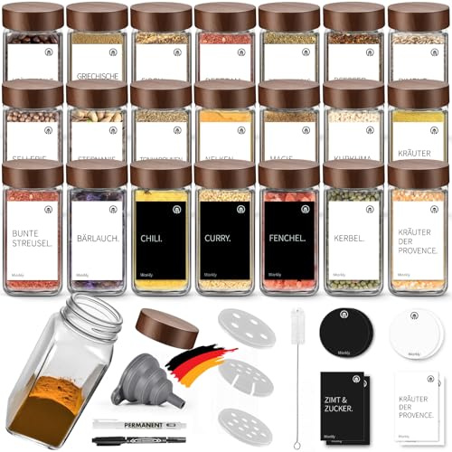Miorkly Gewürzgläser Eckig mit Streueinsatz-24 x 120ml-Holzdeckel Deckel | Luftdichte Gewürzgläser eckig mit Dunkles Holzfarben - Gewürzstreuer Glas - Spice Jars - Trichter, Etikett und Stift