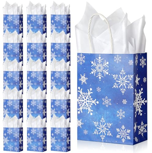 16 Stück Weihnachtsgeschenktüten mit Papiertüchern, 22x16x8 cm Schneeflocken Mastikpapier Partygeschenktüten mit Henkeln für Babyparty, Geburtstag, Feiertags Snacks und Leckerlis (Blau)