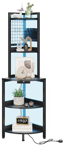 Dripex 152cm Tall Corner Shelf with Power Outlets & Strip Lights, 5 Tier Corner Corner Ladder Shelf, Freestanding Industrial Corner Bookshelf Plant Stand for Small Spaces