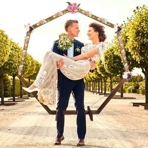 arched door,Wedding Arch, Wood Wedding Arches, Garden Gate, Heptagonal Wedding Arch, Wooden Arbor Backdrop Stand, For Weddings, Parties, Indoor, Outdoor, Backdrops, Garden Decorations