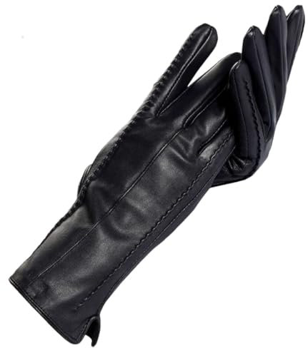 Damen-Winterhandschuhe aus Leder, hellgrau, warme Winterfäustlinge, einfache Schaffell-Handschuhe, schwarz, Größe 7, Schwarz , 7