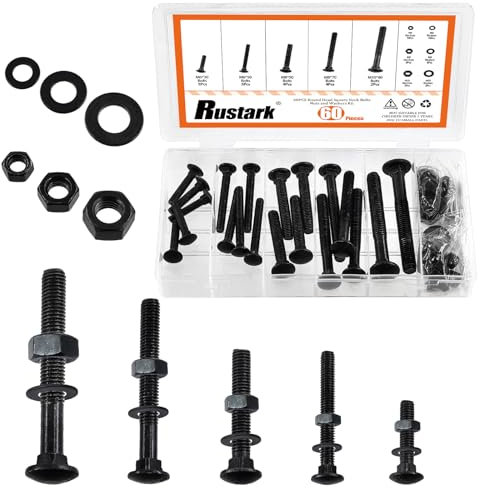 Rustark 60Pcs 5 Sizes 304 Stainless Steel Carriage Bolts with Nuts and Washers Kit Black Square Neck Carriage Bolts Screws Metric Round Head Carriage Bolt for Machinery Industry