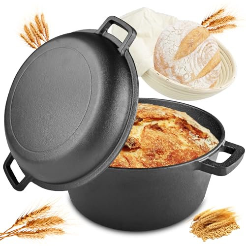 Zeripikfoasp Pentola in Ghisa, 26cm Casseruola in Ghisa con Cestino da Lievitazione, Forno Olandese, Pentola Olandese, Casseruola con Doppia Funzione Pratica, per Cottura in Casa, Forno, Stufa
