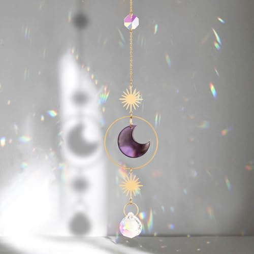 Sahoottie Amethyst Sun Catcher Purple Moon Crystal Sun Catcher for Window Hanging Crystal Outdoor Rainbow Maker