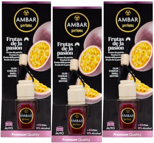 Ambar Perfums Lot de 3 désodorisants pour voiture Fruits de la passion 6,5 ml Élimine les mauvaises odeurs 0 % alcool et extraits naturels Durée + 45 jours par unité