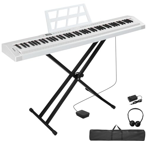 LEADZM Piano Numérique Semi-Marteau 88 Touches, avec Support en Forme de X à Double Tube, Clavier Électronique avec Pédale de Sustain, MIDI, Pupitre de Partition, Écouteurs (Blanc)