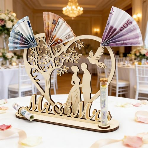 TMZELOA Hochzeitsgeschenk Geldgeschenk Set aus Holz, Hochzeitsgeschenke für Brautpaar Geld, Hölzerne Hochzeit Geschenk Deko mit Karte, Umschlag, Geschenkbeutel für Hochzeit