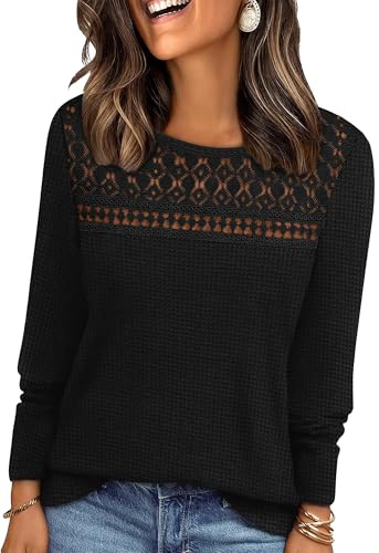 WIHOLL Women Jumpers Long Sleeve Tops Womens Lace Blouse Trendy Waffle Knit Jumpers Dressy Casual Black Size 14-16 L